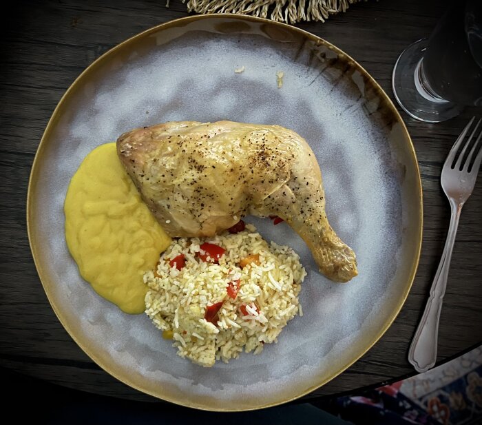 Ugnsgrillad kyckling med stekt ris innehållande paprika och lök, serverad med currysås på en tallrik.