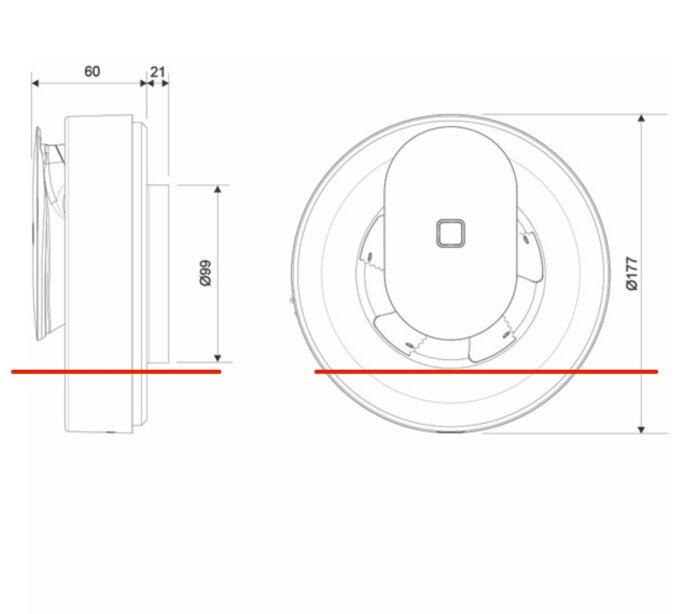 Ritning av en pax-fläkt med måttangivelser, röd linje markerar potentiellt skärområde för installation nära tak.