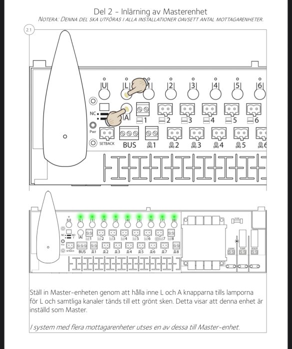 Diagram för inlärning av masternhet, visar knapptryckningar på L och A samt gröna indikatorlampor på kanaler, för att konfigurera enheten som master.