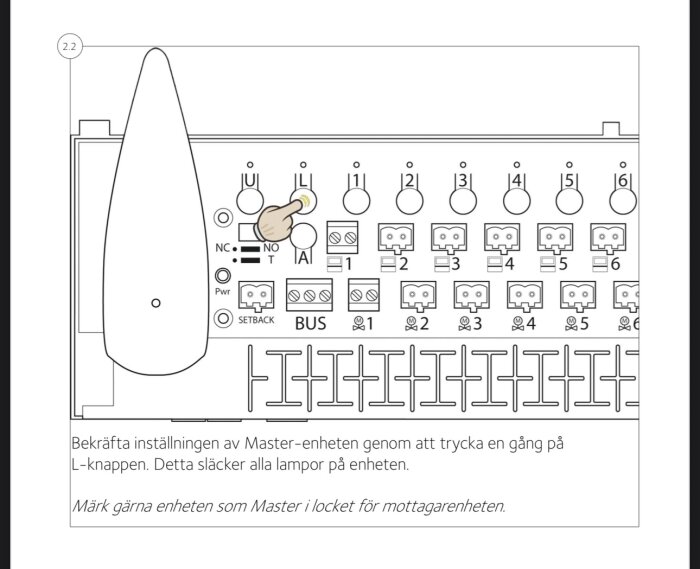 Dekorativ instruktion av Master-enhet med steg för att trycka på L-knapp och markering för att släcka lampor.
