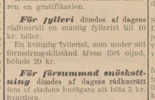 Tidningsartikel från Norrbottenskuriren, 12 mars 1906, om böter för fylleri och försummad snöskottning.