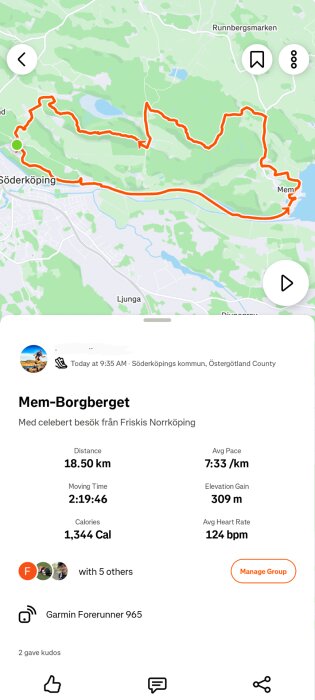 Karta över en löprunda vid Söderköping med detaljer som distans 18,50 km, tid 2:19:46, kalorier 1 344 och medelhjärtfrekvens 124 bpm.