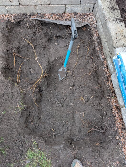 Grävd grop i trädgården med en turkos spade. Omgiven av stenar och grästuvor, synliga rötter i jorden.