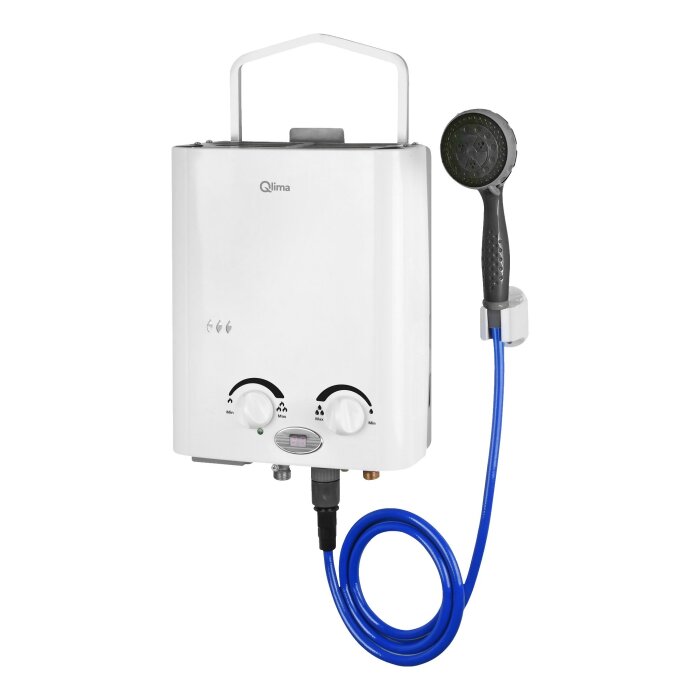 Portabel gasdriven utedusch med vit värmare, två vred för temperaturkontroll, blå slang och duschhandtag.