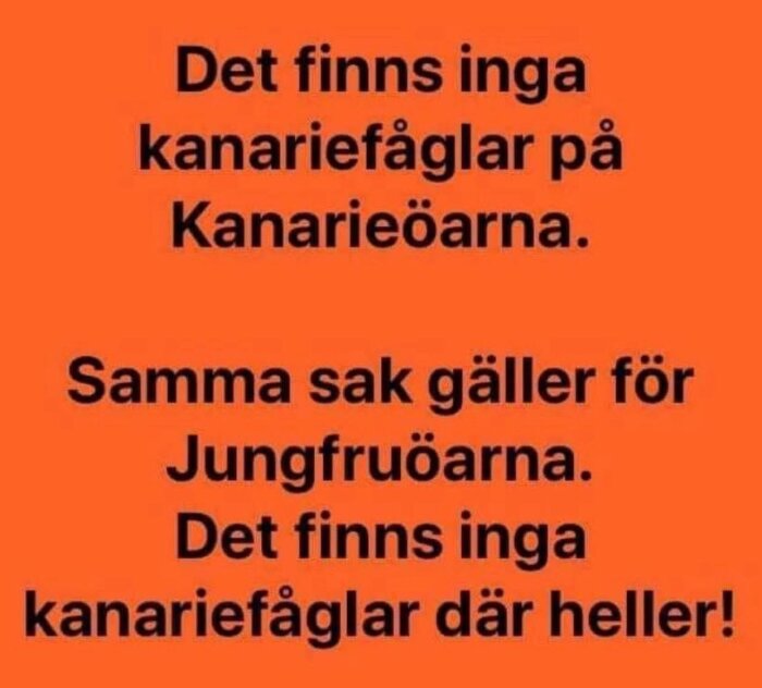 Orange bild med svart text: "Det finns inga kanariefåglar på Kanarieöarna. Samma sak gäller för Jungfruöarna. Det finns inga kanariefåglar där heller!