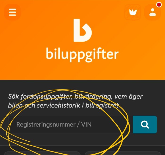 Orange skärmbild från webbplatsen "Biluppgifter" med sökfält för registreringsnummer eller VIN, omgiven av gula markeringar.