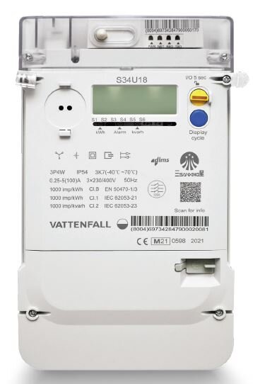 Smart elmätare från Vattenfall, modell S34U18, med display och knappar, använd för avläsning av elförbrukning.