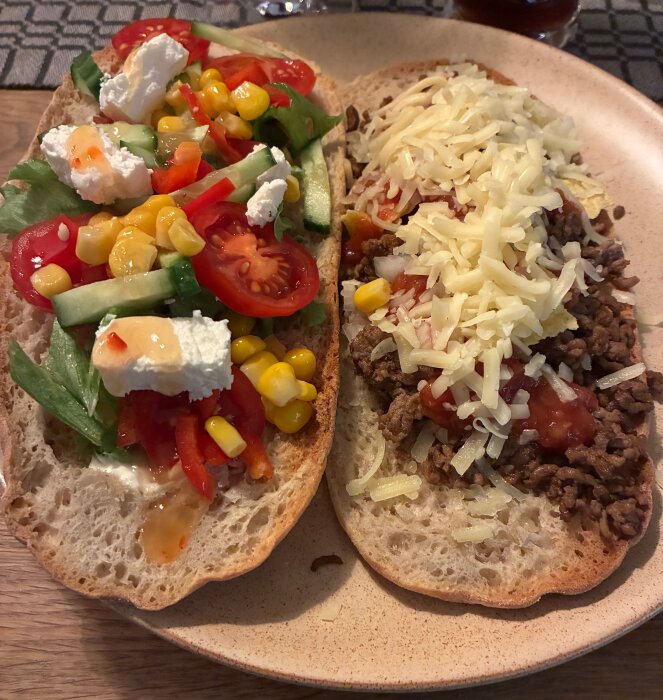 Två Pinsabröd med tacofyllning: ett med sallad, fetaost, tomat och majs, det andra med köttfärs, salsa och riven ost, serverat på en tallrik.