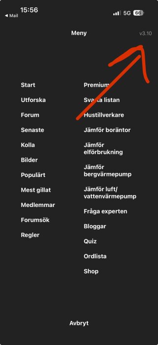 Menyvy av en app i version v3.10, med en röd pil som pekar på versionsnumret.