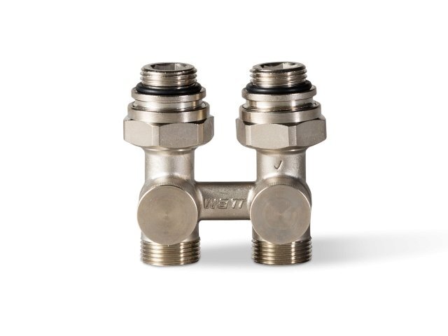 Dubbel ventilkoppling i metall med två anslutningar och packningar, lämplig för VVS-installationer.