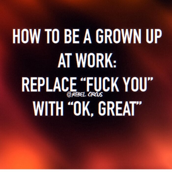 Textbild med arbetsplatsråd: "Ersätt 'fuck you' med 'ok, great'.