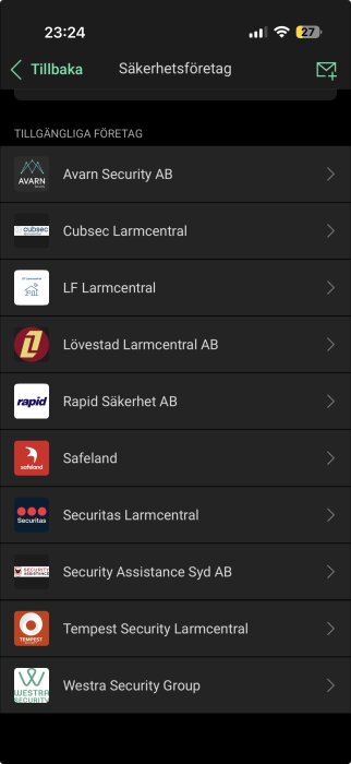Lista över olika säkerhetsföretag i en app, inklusive Avarn Security, Cubsec Larmcentral, LF Larmcentral, och fler.