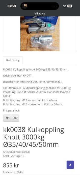 Kulkoppling Knott 3000kg med metalliska delar och handtag, visas på träbord. För infästning Ø35/40/45/50mm.