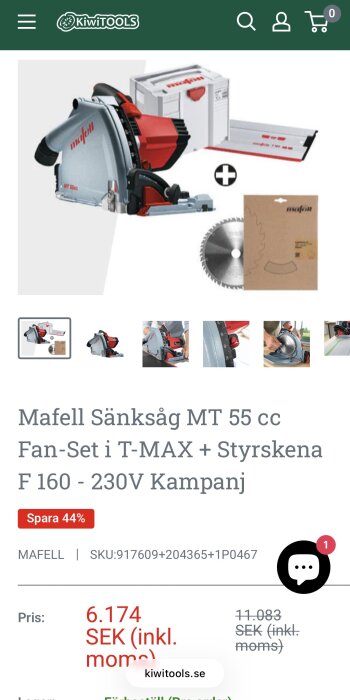 Mafell sänksåg MT 55 cc fan-set med styrskena och tillbehör, erbjudande från KiwiTools med 44% rabatt.