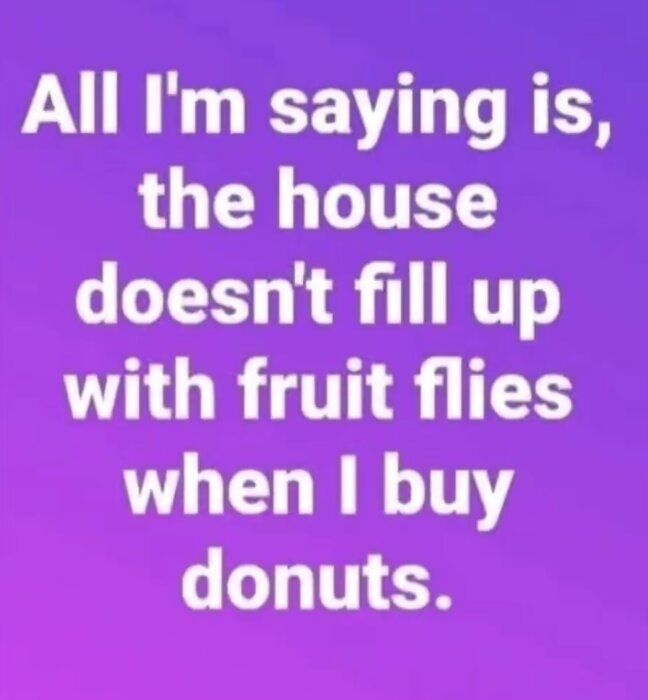 Text med humoristiskt budskap om att undvika fruktflugor genom att köpa donuts, på lila bakgrund.