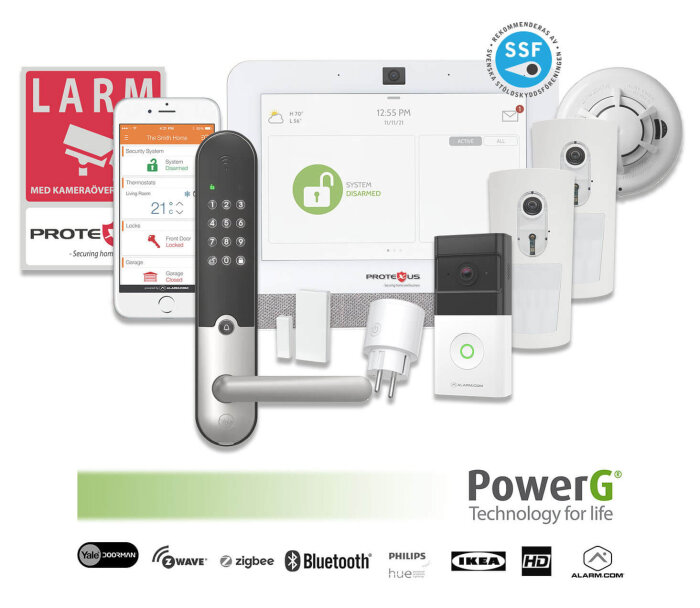 Övervakningssystem med larmskylt, smart lås, säkerhetskamera, rörelsedetektor och styrpanel från Proteus med PowerG-teknologi.