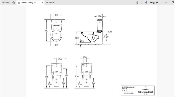 Teknisk ritning av väggmonterad Villeroy & Boch-toalett, modell: OMNIA classica, med detaljerade måttangivelser och inbyggd vattencistern.