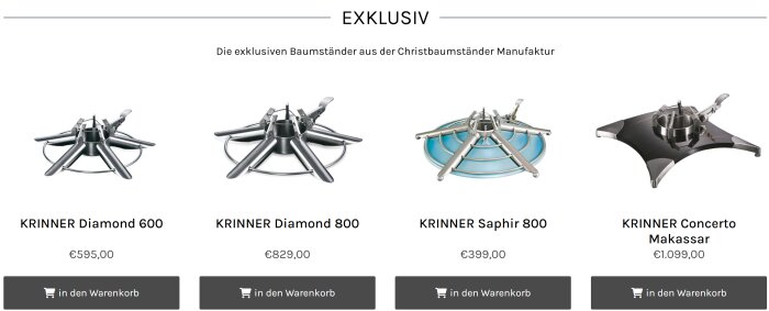Fyra exklusiva julgransfötter från märket KRINNER visas med olika modeller: Diamond 600, Diamond 800, Saphir 800, och Concerto Makassar.