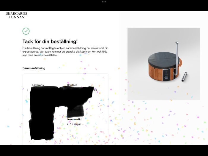 Beställningsbekräftelse för en badtunna från Skärgårdstunnan med en bild av själva tunnan och leveransinformation med konfettieffekt i bakgrunden.