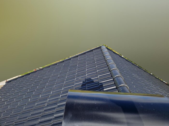 Tak med svarta takpannor och skugga, sett från ovan.