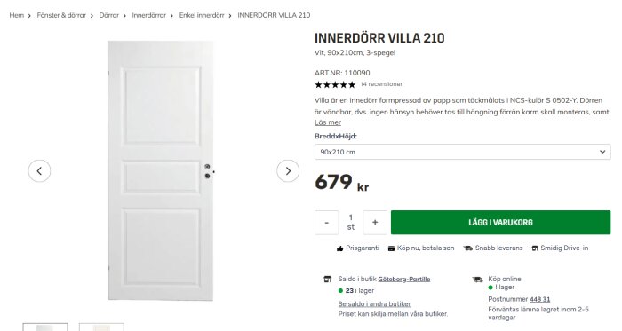 Vit innerdörr med tre speglar, modell Villa 210, storlek 90x210 cm, pris 679 kr, visas på en byggvarubutikens webbsida.