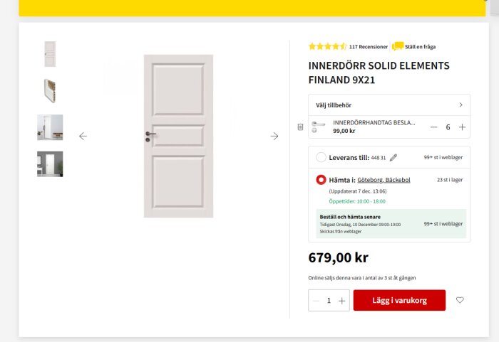 Bild av en innerdörr med tre paneler, vit färg, märkt "INNERDÖRR SOLID ELEMENTS FINLAND 9X21" från en webbutik med pris 679 kr.