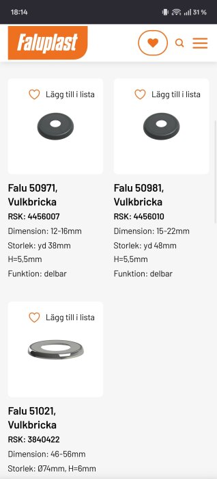 Faluplast online katalog visar tre vulkbrickor med olika dimensioner och storlekar, anpassade för olika användningsområden inom bygg och renovering.