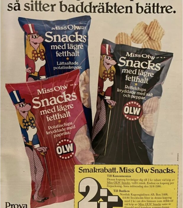 Annons för Miss OLW Snacks med tre påsar chips: lättsaltade, paprikakryddade och salt/peppar. Text om rabatt med kupon.