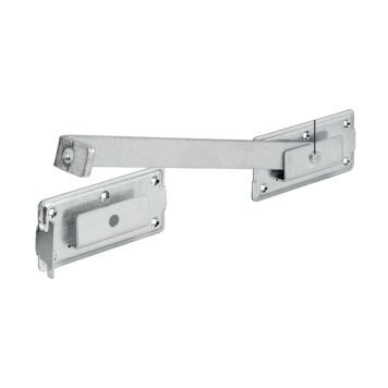 Metallisk ledhasp för dubbeldörrar, ej låsbar, med två fästen och ett skjutbart spärrarm, avsedd för säkerhet på ladugårdsdörrar.