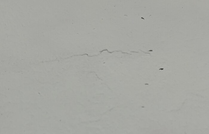 Ojämnheter och små hål i en nymålad vägg, visar brister i spacklingsarbetet i hallen i ett nyköpt radhus.