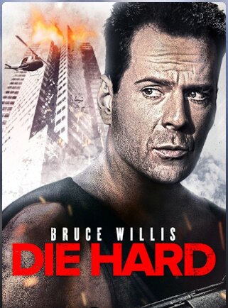 Filmomslag för "Die Hard" med Bruce Willis framför brinnande skyskrapa och helikopter.