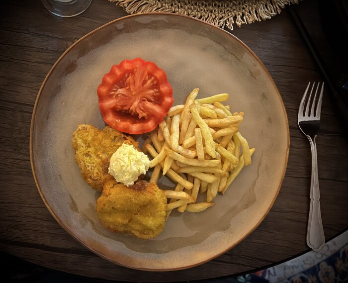Tallrik med panerad matbit, en skiva tomat, en klick smör och pommes frites. Fork vid sidan på träbord.