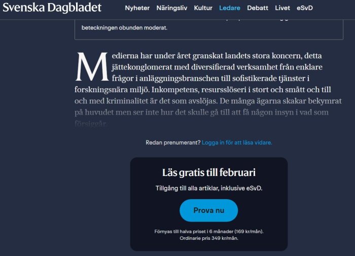 Skärmdump från Svenska Dagbladets webbplats med en artikel om resursproblem och erbjudande om gratis tillgång till artiklar fram till februari.