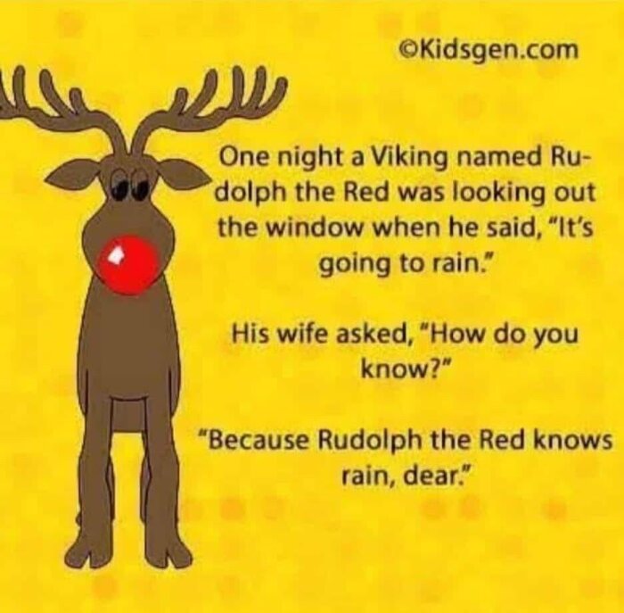 Tecknad ren med röd näsa står bredvid en ordlek om en viking vid namn Rudolph the Red som förutspår regn.