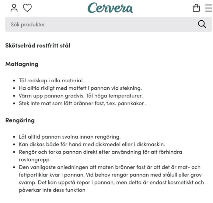 Råd för matlagning och rengöring av rostfri stålpanna från Cervera, inklusive tips för att förhindra mat som bränner fast och för att undvika rost.