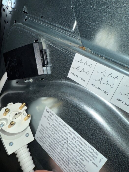 Eluttag och elkabel bakom en spis, med märkningar för elkopplingar och en varningsetikett synliga. Kabeln verkar bränd vid kontakten.