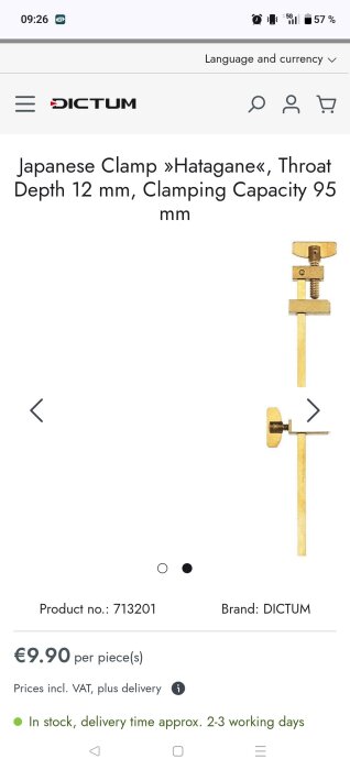 Japansk klämma "Hatagane" i mässing från Dictum med 12 mm strupdjup och 95 mm klämkapacitet, pris 9,90 €.