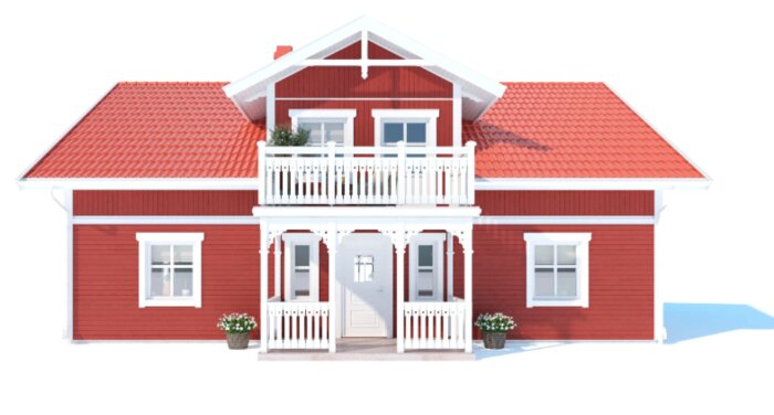 Rött trähus med vitt snickarglädje och allmogeinspirerade detaljer, rött tak och veranda.