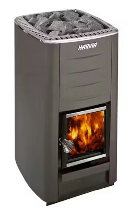 Bastuugn Harvia M2 avbildad med stenar ovanpå och eld synlig genom glaset, beskriven som kompakt men kraftfull i diskussionen.