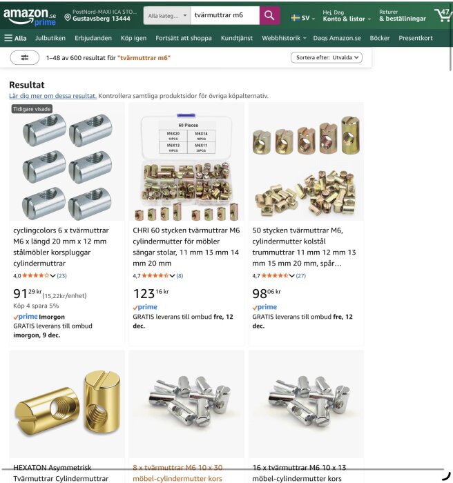 Webbsida från Amazon med resultat för sökningen "tvärmuttrar M6" inklusive bilder och priser på olika tvärmuttrar i flera storlekar.