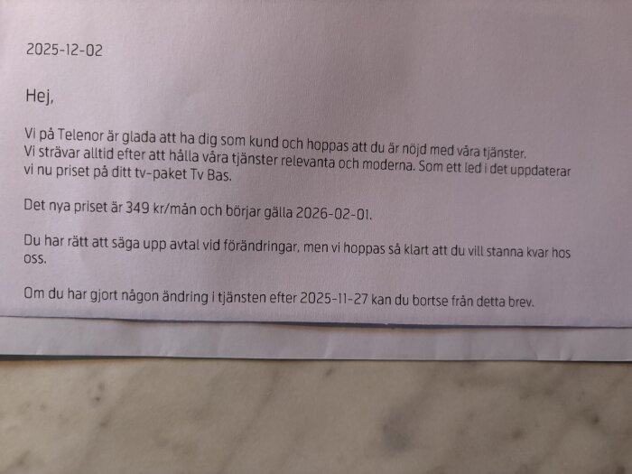 Brev från Telenor med information om nytt pris för tv-paket, gällande från februari 2026, och möjlighet att säga upp avtalet.