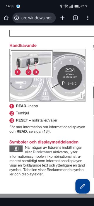 Bild av en biltavla med READ och RESET-knapp, tumhjul, samt temperatur- och bränsleinformationsdisplay.