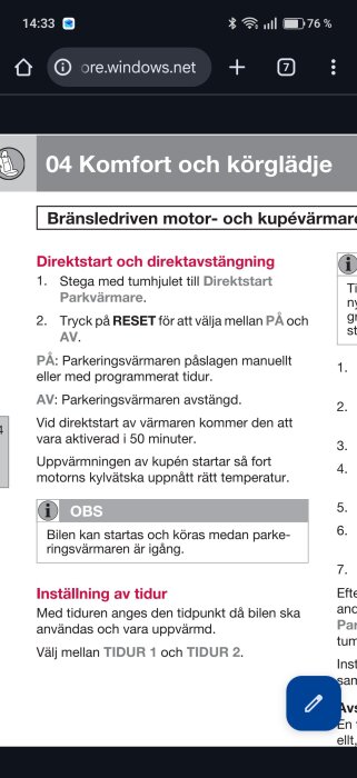 Bild av en manual som beskriver steg för att starta och stänga av en motor- och kupévärmare, inklusive direktstart och tidursinställningar.