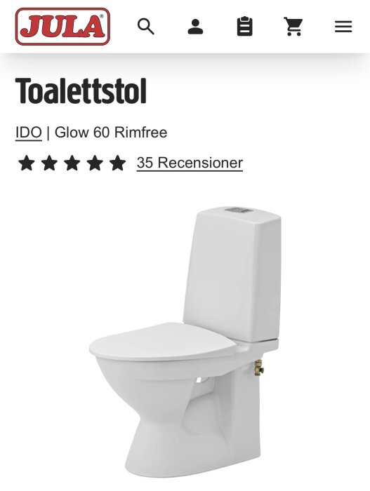 IDO Glow Rimfree 60 toalettstol från Jula med vita, stilrena linjer och hög kundnöjdhet baserat på recensioner.