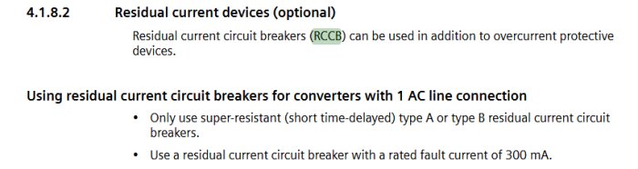 Textexempel om RCCB för användning med omvandlare och 1 AC-linjeanslutning. Beskriver användning av superresistenta brytare och krav på 300 mA felfelström.