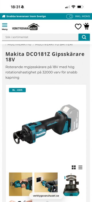 Makita DCO181Z gipsskäraren 18V med hög rotationshastighet för snabb kapning.