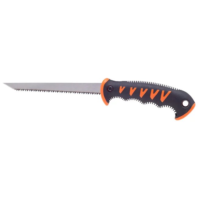 En gipssåg med ett tandat blad och ett svart och orange handtag, används för att skära i gips och andra material.