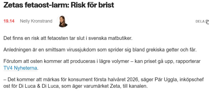 Skärmdump av nyhetsartikel om fetaostbrist från Zeta, orsakad av virus bland grekiska getter och får, med möjlighet till högre priser och brist år 2026.