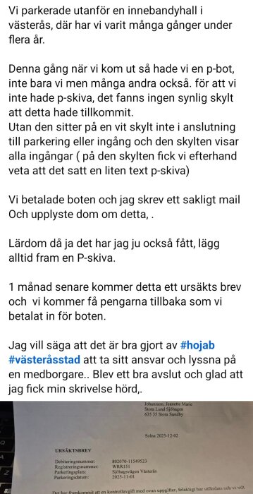 Ursäktsbrev från Västerås stad som bekräftar återbetalning av parkeringsböter efter klagomål, adresserat till Jeanette Marie Johansson.