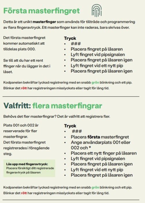 Instruktioner för att registrera första masterfingret och flera masterfingrar på ett fingeravtryckslås, med steg för steg-anvisningar och säkerhetstips.